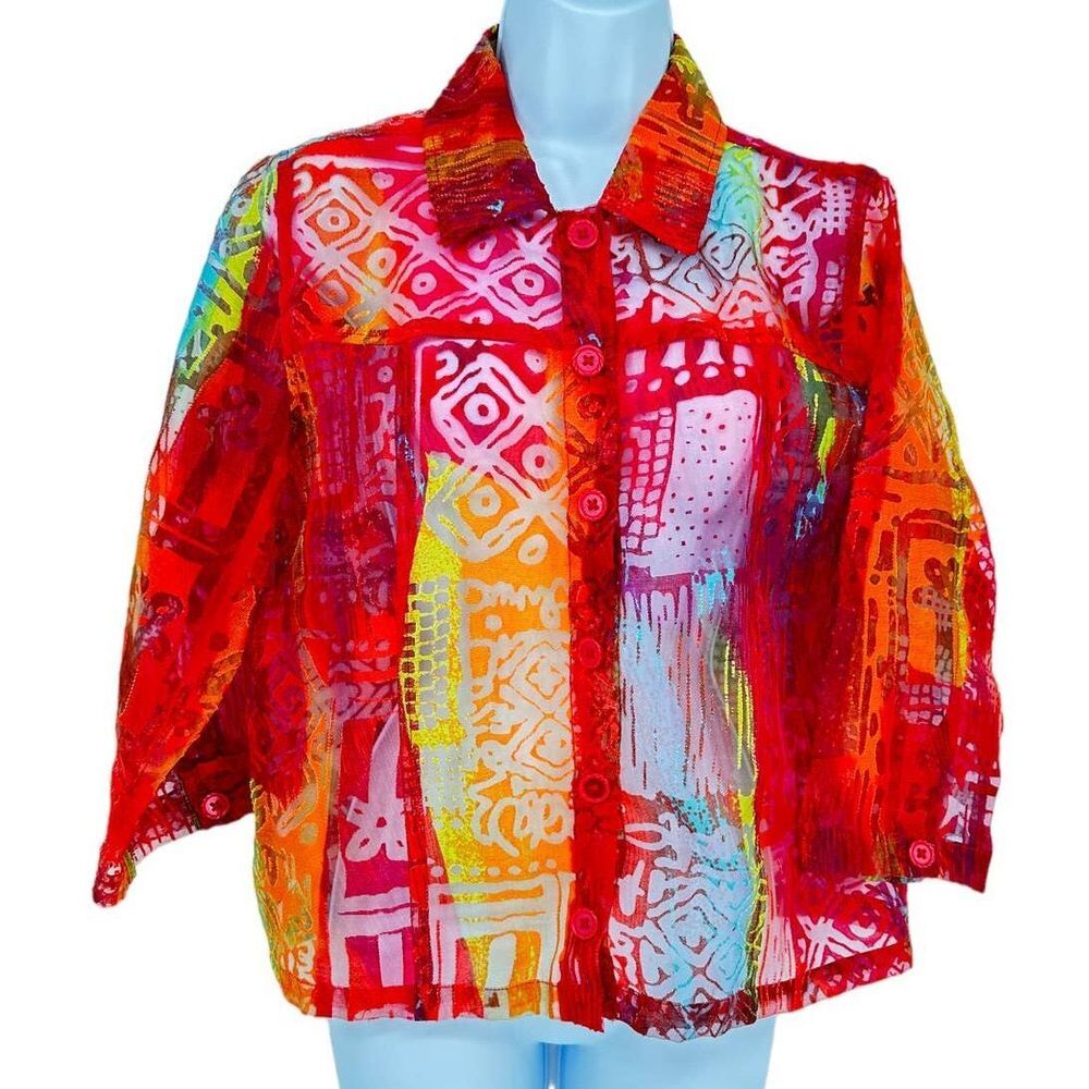 Toni Morgan Women's SZ S Button Down Multicolor Patterns Sheer Blouse/Jacket‎